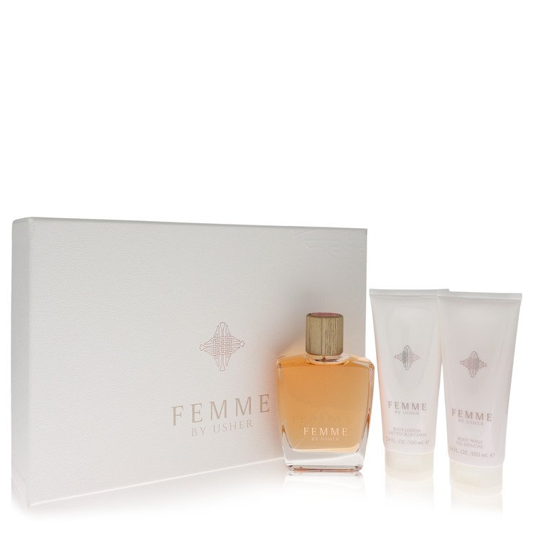 usher femme by usher gift set - 3.4 oz eau de parfum spray + 3.4 oz body lotion + 3.4 oz shower gel --